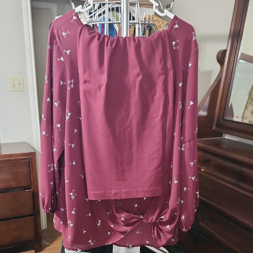 Burgundy Blouse with Butterfly Print